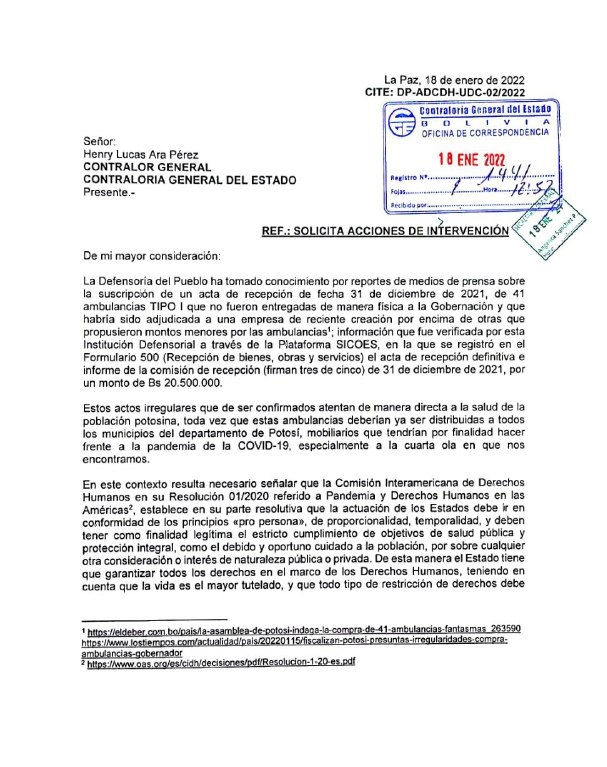 Defensoría del Pueblo pide la intervención de la Contraloría frente a posibles irregularidades en la compra de 41 ambulancias