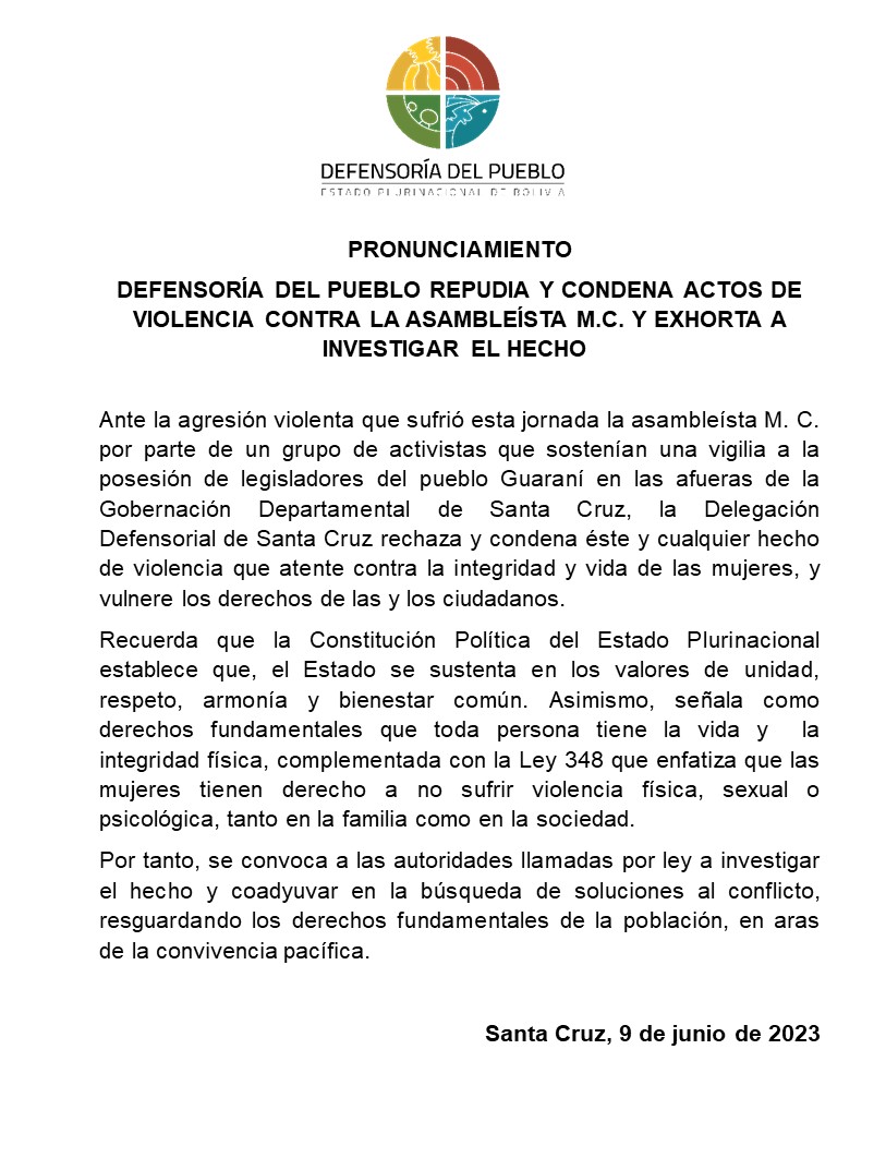 DEFENSORÍA DEL PUEBLO REPUDIA Y CONDENA ACTOS DE VIOLENCIA CONTRA LA ASAMBLEÍSTA M.C. Y EXHORTA A INVESTIGAR EL HECHO