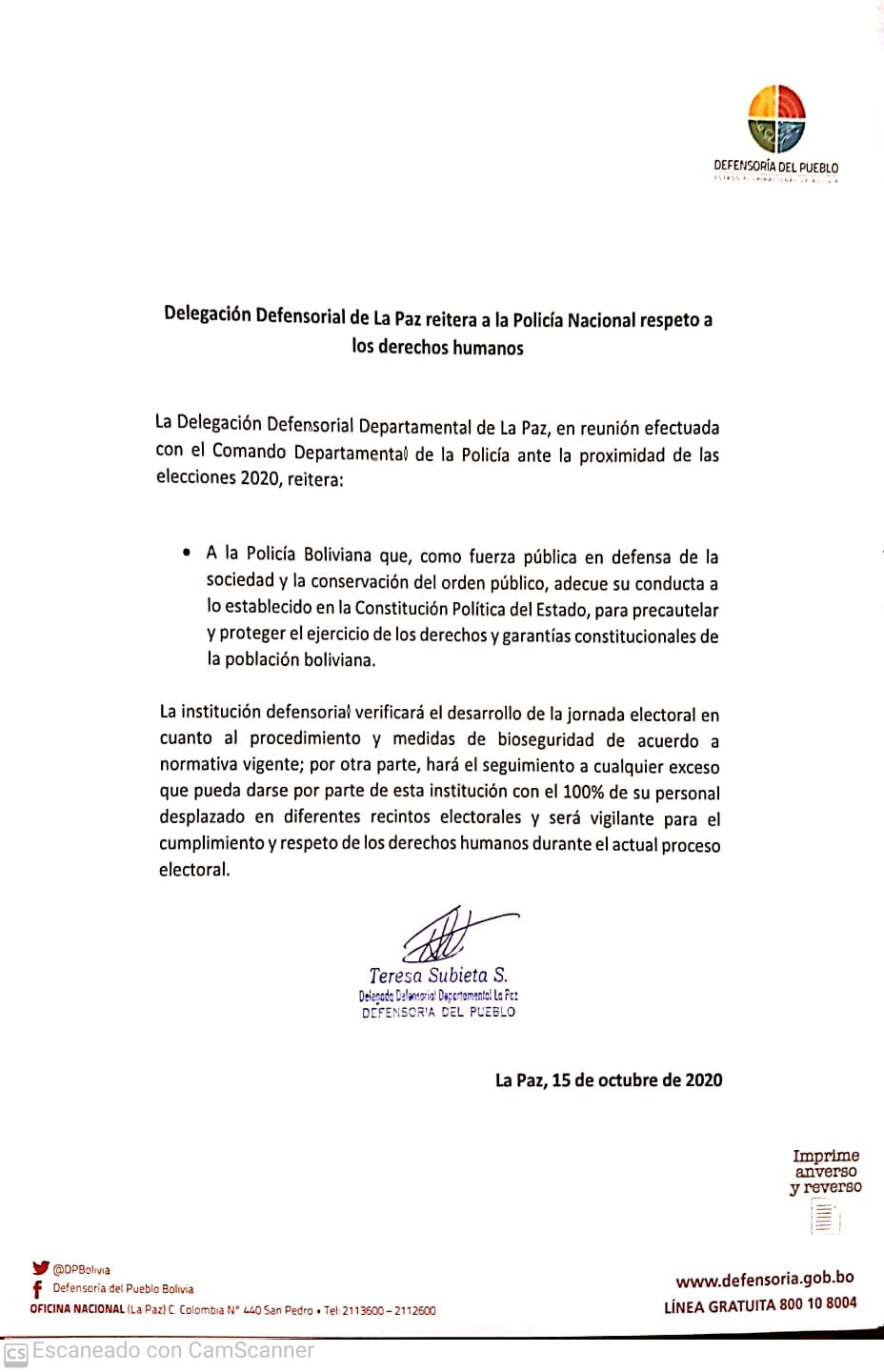 LA DELEGACION DEFENSORIAL DEPARTAMENTAL DE LA PAZ EMITE PRONUNCIAMIENTO HACIA LA POLICIA BOLIVIANA